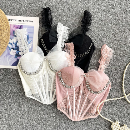 Sexy Corset Sheath Top - Diamonds Mesh Splice Fashion Cami for Women