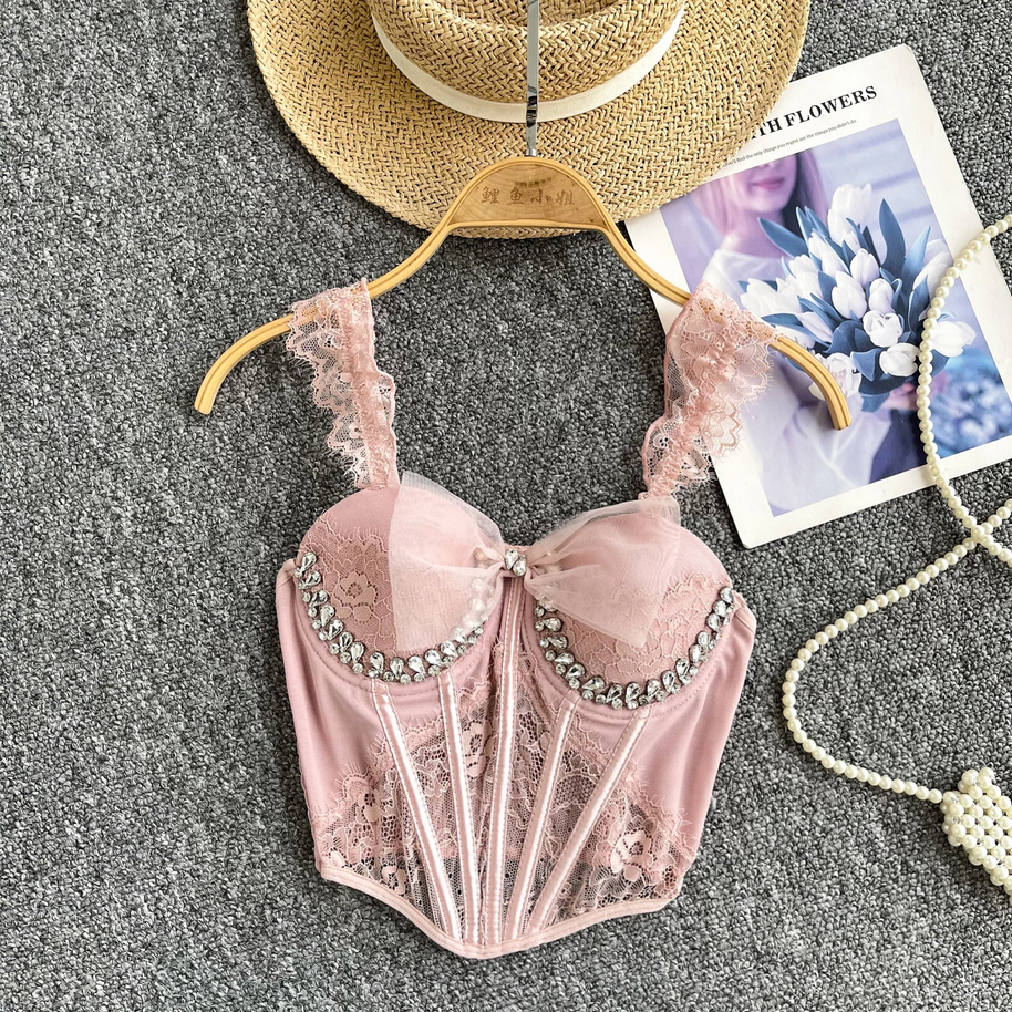 Sexy Corset Sheath Top - Diamonds Mesh Splice Fashion Cami for Women