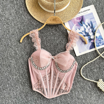 Sexy Corset Sheath Top - Diamonds Mesh Splice Fashion Cami for Women