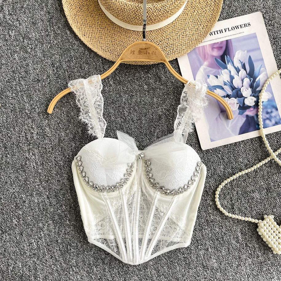 Sexy Corset Sheath Top - Diamonds Mesh Splice Fashion Cami for Women