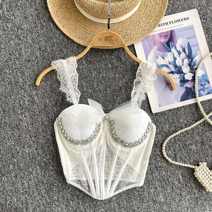 Sexy Corset Sheath Top - Diamonds Mesh Splice Fashion Cami for Women