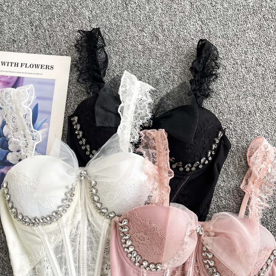 Sexy Corset Sheath Top - Diamonds Mesh Splice Fashion Cami for Women