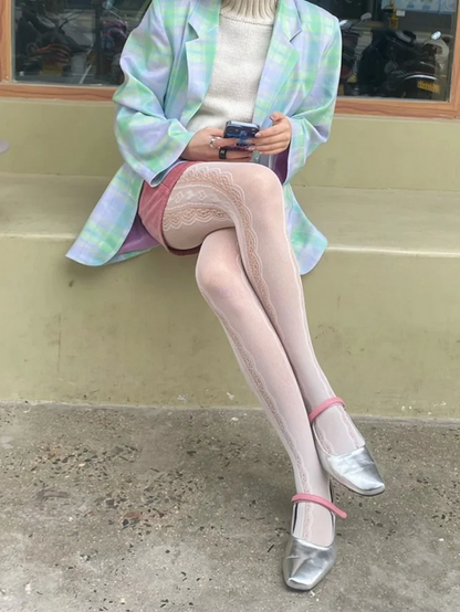 Lolita Lace Jacquard Pantyhose Side Hollow Heart Pattern Tights for Women
