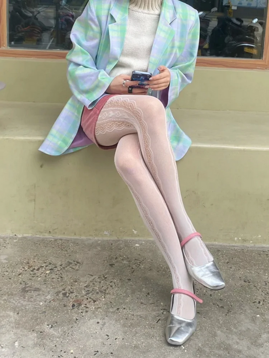 Lolita Lace Jacquard Pantyhose Side Hollow Heart Pattern Tights for Women