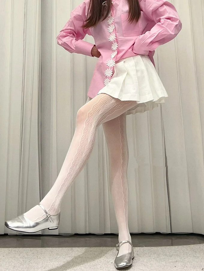 Lolita Lace Jacquard Pantyhose Side Hollow Heart Pattern Tights for Women