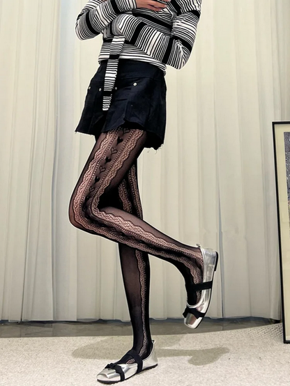 Lolita Lace Jacquard Pantyhose Side Hollow Heart Pattern Tights for Women