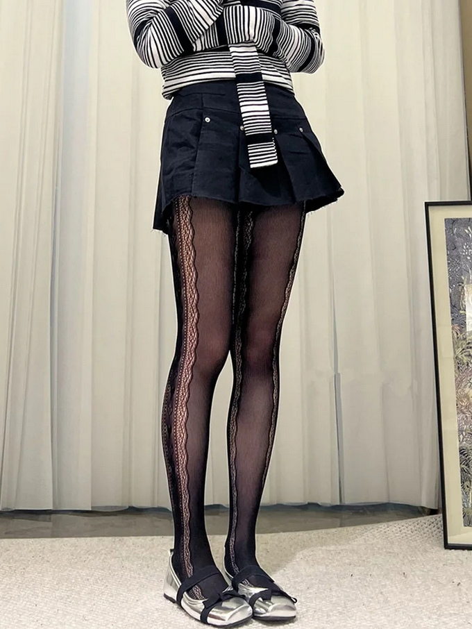 Lolita Lace Jacquard Pantyhose Side Hollow Heart Pattern Tights for Women