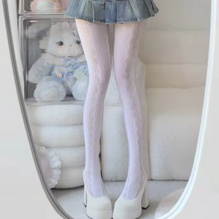 Lolita Lace Jacquard Pantyhose Side Hollow Heart Pattern Tights for Women