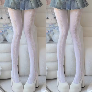 Lolita Lace Jacquard Pantyhose Side Hollow Heart Pattern Tights for Women