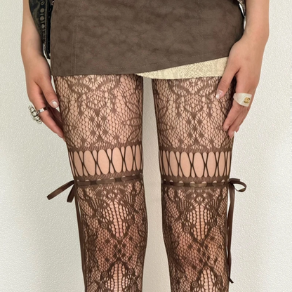 Y2K Lolita Lace Up Tights Classic Lace Mesh Hollow Out Stockings for Women