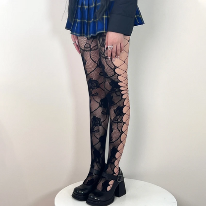 Sexy Hollow Out Jacquard Fishnet Tights - Floral Lace High Waist Pantyhose