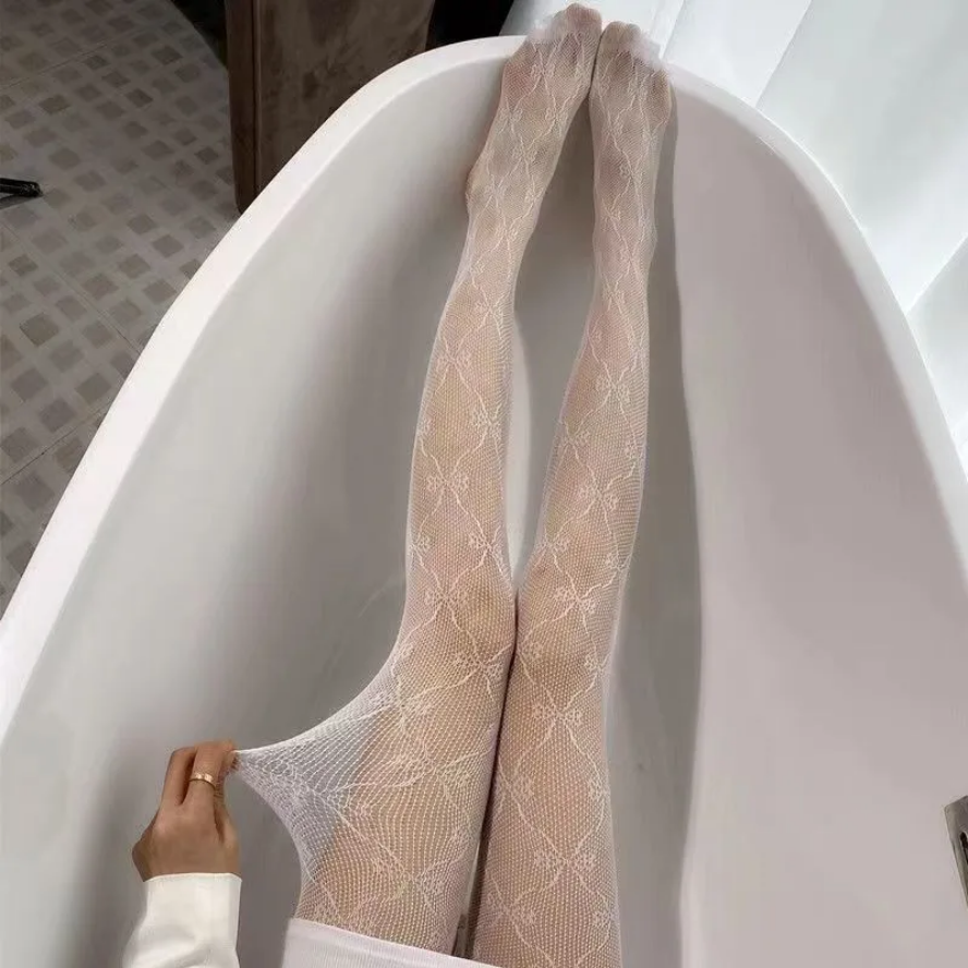 Bow Mesh Embroidery Tights Sexy Bowknot Fishnet Pantyhose for Women