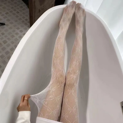Bow Mesh Embroidery Tights Sexy Bowknot Fishnet Pantyhose for Women