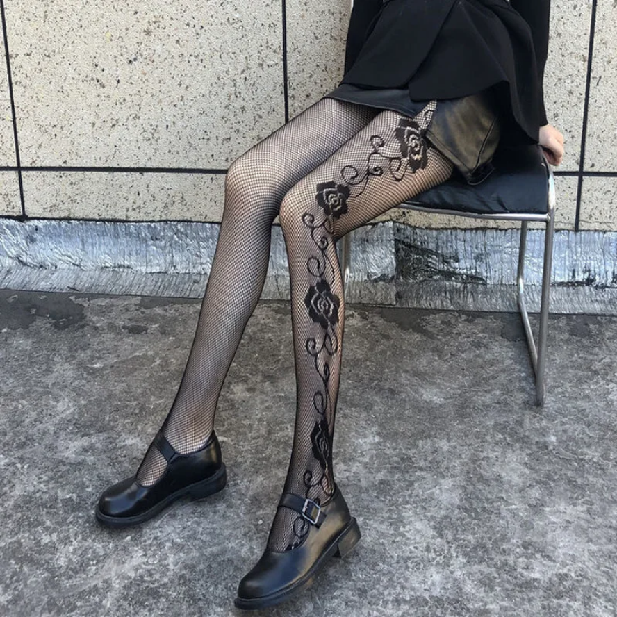 Rose Pattern Fishnet Stockings Sexy Jacquard Pantyhose Tights for Women