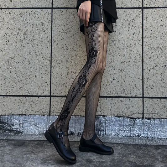 Rose Pattern Fishnet Stockings Sexy Jacquard Pantyhose Tights for Women