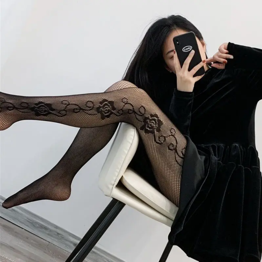 Rose Pattern Fishnet Stockings Sexy Jacquard Pantyhose Tights for Women