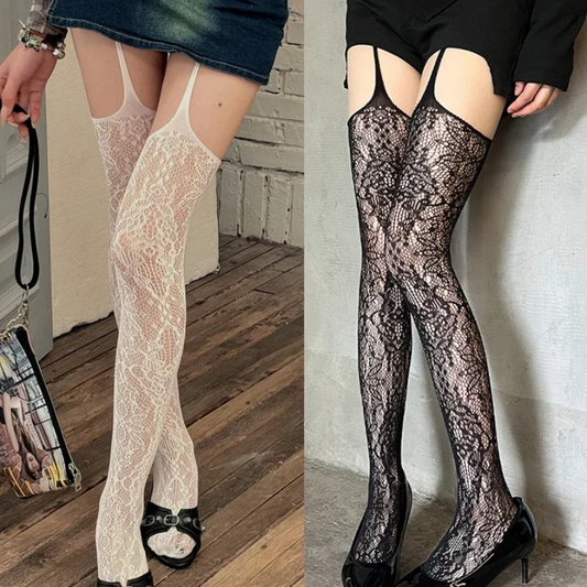 Lolita Sweet Punk Floral Tights Colorful Sheer Fishnet Thigh High Stockings