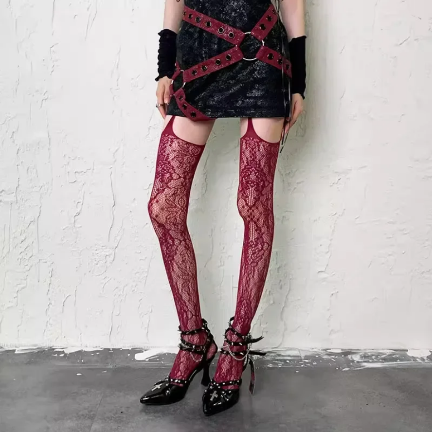 Lolita Sweet Punk Floral Tights Colorful Sheer Fishnet Thigh High Stockings