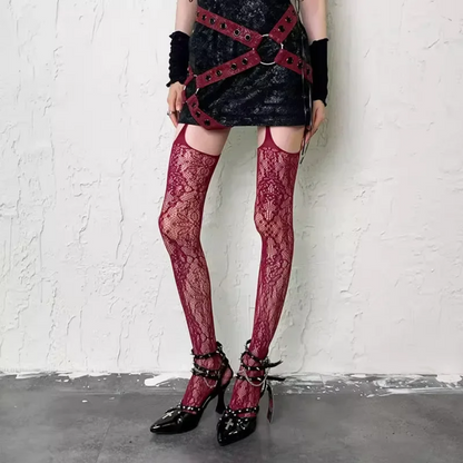 Lolita Sweet Punk Floral Tights Colorful Sheer Fishnet Thigh High Stockings
