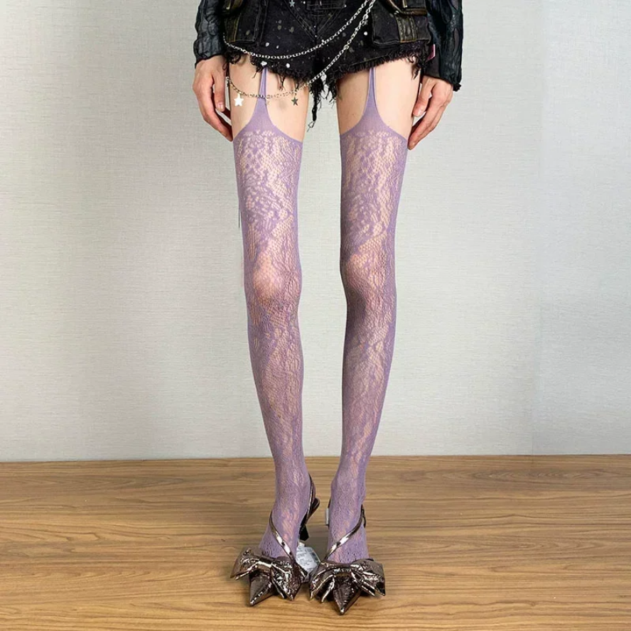 Lolita Sweet Punk Floral Tights Colorful Sheer Fishnet Thigh High Stockings