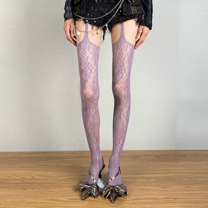 Lolita Sweet Punk Floral Tights Colorful Sheer Fishnet Thigh High Stockings