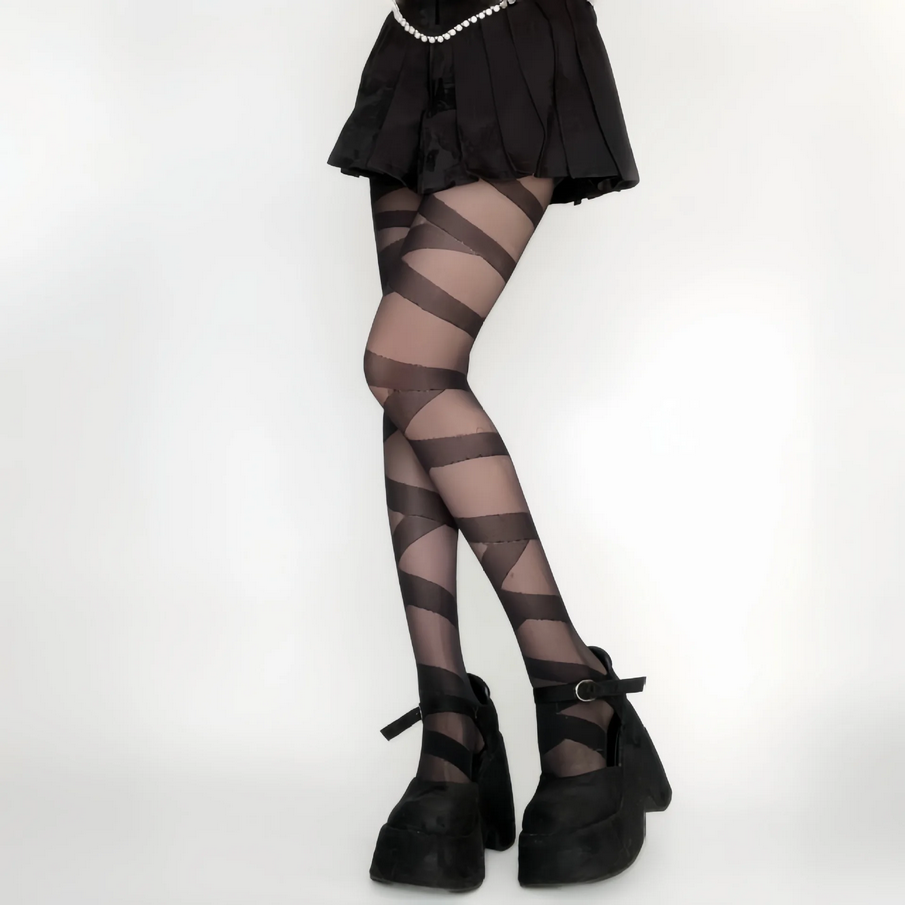 Sexy Goth Rocker Cross Bandage Stockings Skinny Straps Pantyhose Tights