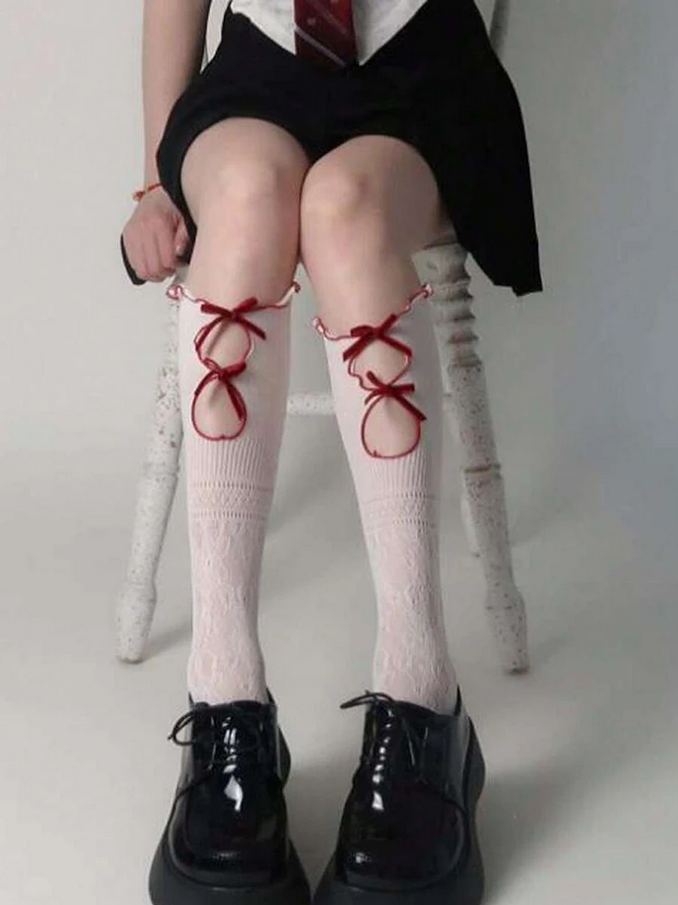 Hollow Lace Long Stockings White Lolita Knotted Casual Socks for Women