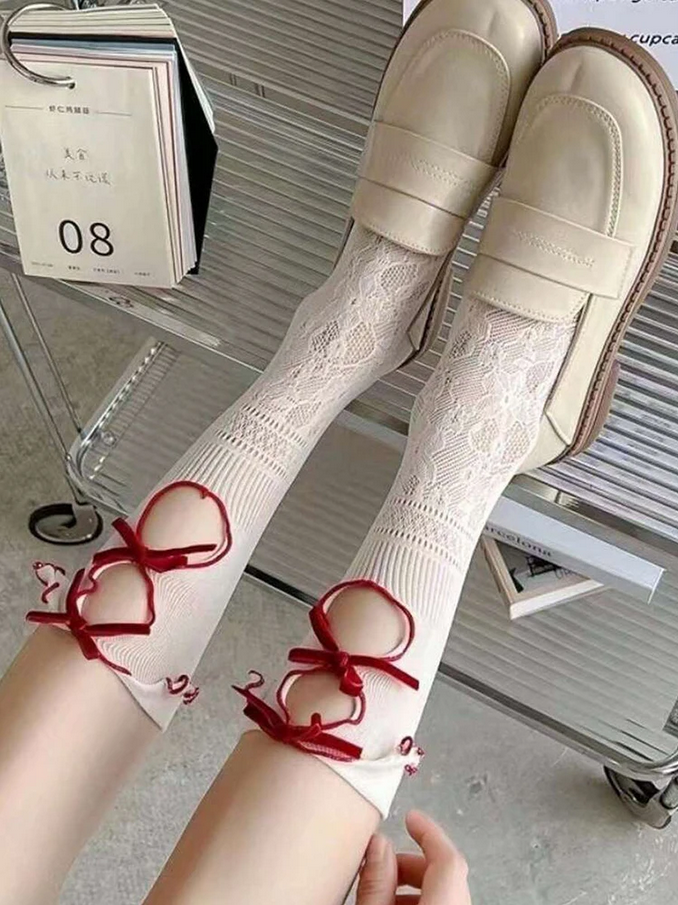 Hollow Lace Long Stockings White Lolita Knotted Casual Socks for Women