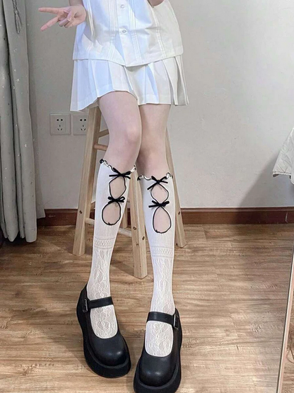 Hollow Lace Long Stockings White Lolita Knotted Casual Socks for Women