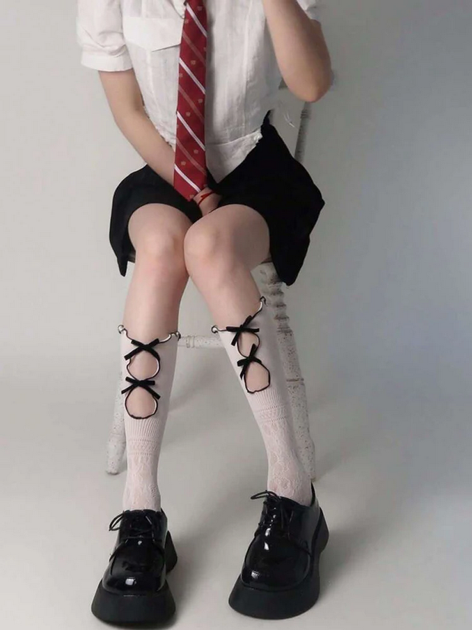 Hollow Lace Long Stockings White Lolita Knotted Casual Socks for Women