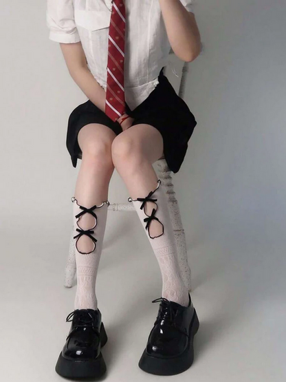 Hollow Lace Long Stockings White Lolita Knotted Casual Socks for Women