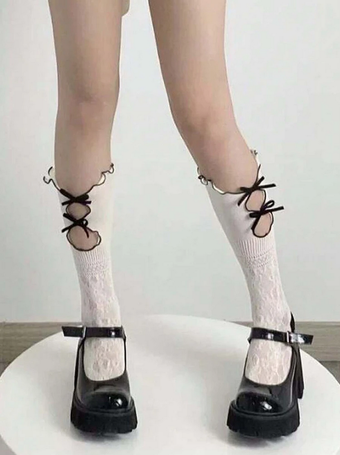 Hollow Lace Long Stockings White Lolita Knotted Casual Socks for Women