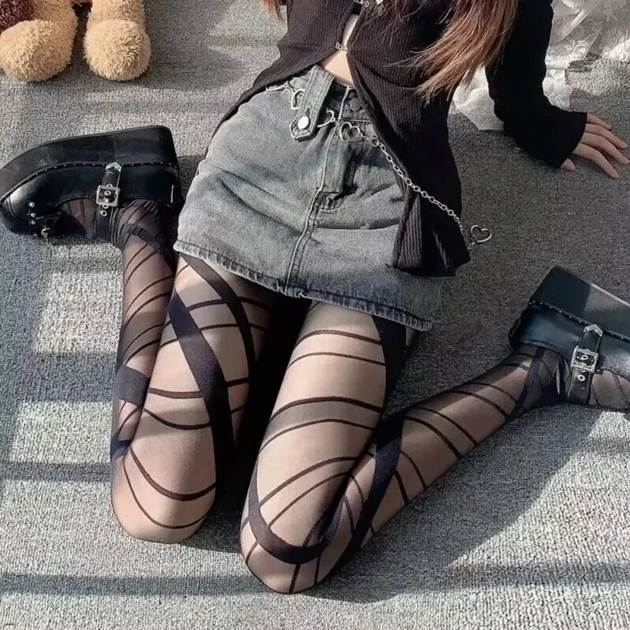 Cross Strappy Pantyhose High Waist Semi-Sheer Stockings for Women