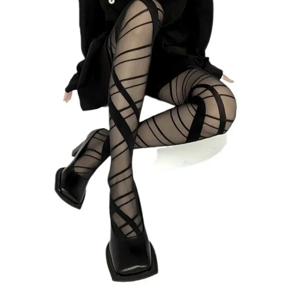 Cross Strappy Pantyhose High Waist Semi-Sheer Stockings for Women