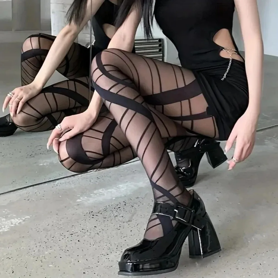Cross Strappy Pantyhose High Waist Semi-Sheer Stockings for Women