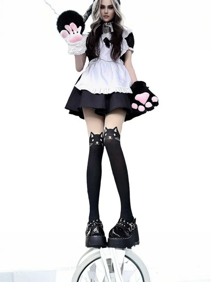 Cute Black Cat Printed Stockings Adorable Kawaii Hosiery for Women (1 Pair)