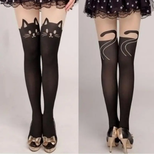Cute Black Cat Printed Stockings Adorable Kawaii Hosiery for Women (1 Pair)