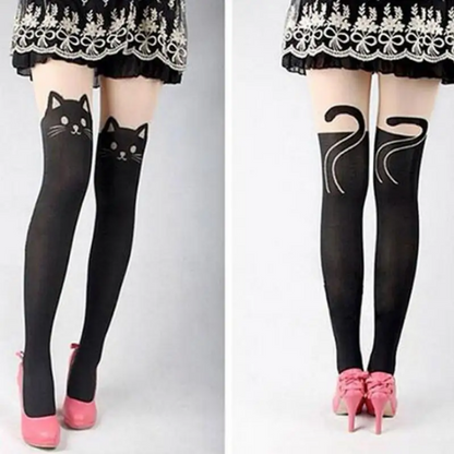 Cute Black Cat Printed Stockings Adorable Kawaii Hosiery for Women (1 Pair)