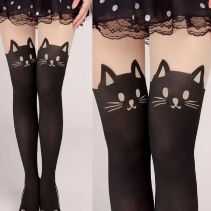 Cute Black Cat Printed Stockings Adorable Kawaii Hosiery for Women (1 Pair)