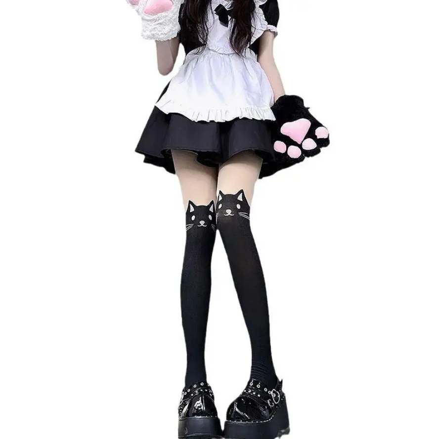 Cute Black Cat Printed Stockings Adorable Kawaii Hosiery for Women (1 Pair)
