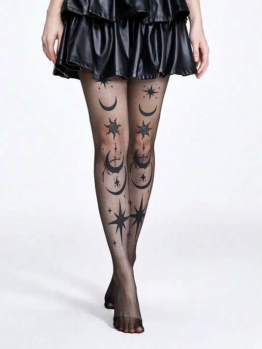 Gothic Star Moon Printed Silk Stockings Celestial Hosiery for Women