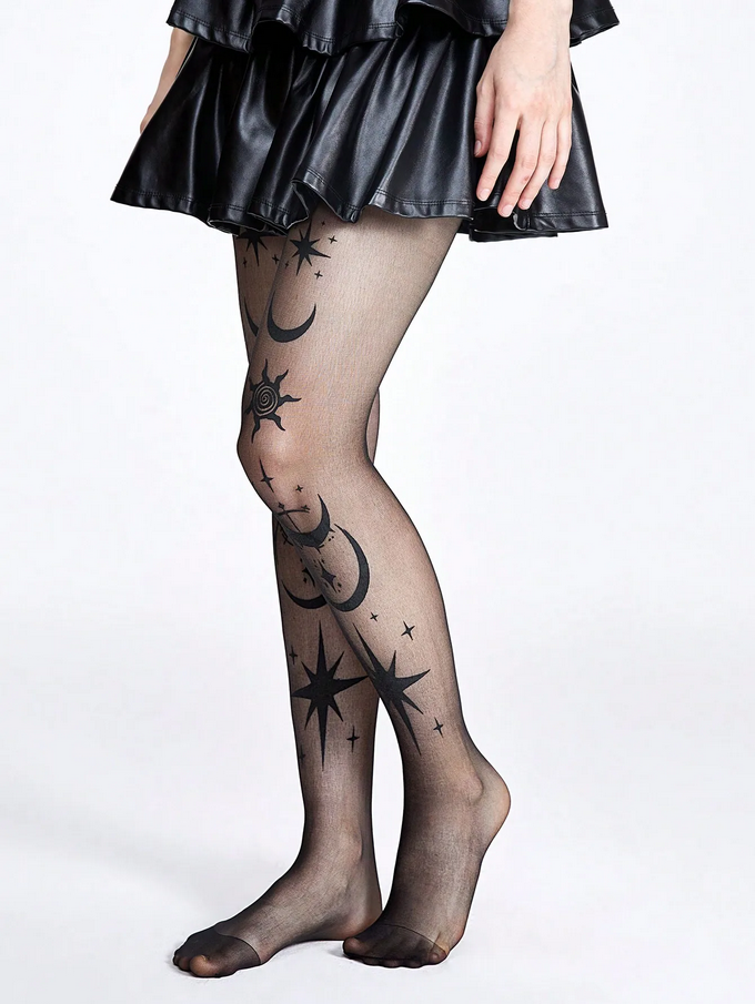 Gothic Star Moon Printed Silk Stockings Celestial Hosiery for Women