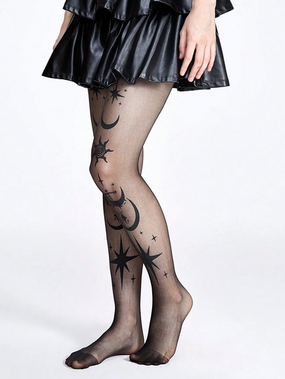 Gothic Star Moon Printed Silk Stockings Celestial Hosiery for Women