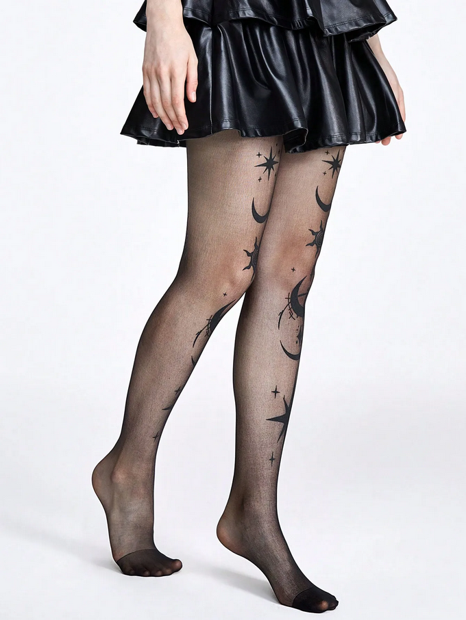 Gothic Star Moon Printed Silk Stockings Celestial Hosiery for Women