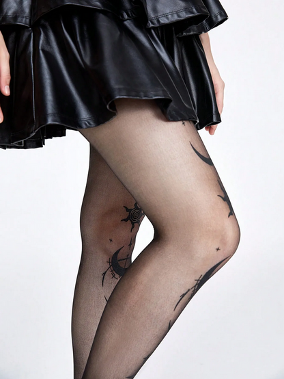 Gothic Star Moon Printed Silk Stockings Celestial Hosiery for Women