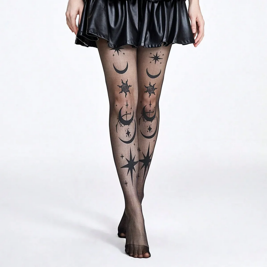 Gothic Star Moon Printed Silk Stockings Celestial Hosiery for Women