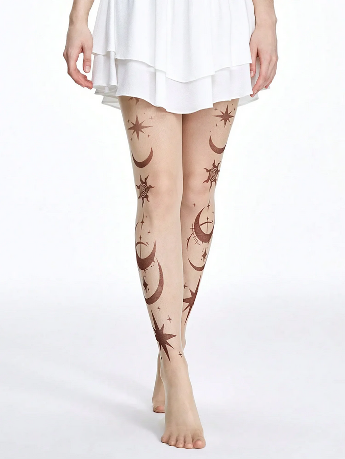 Gothic Star Moon Printed Silk Stockings Celestial Hosiery for Women