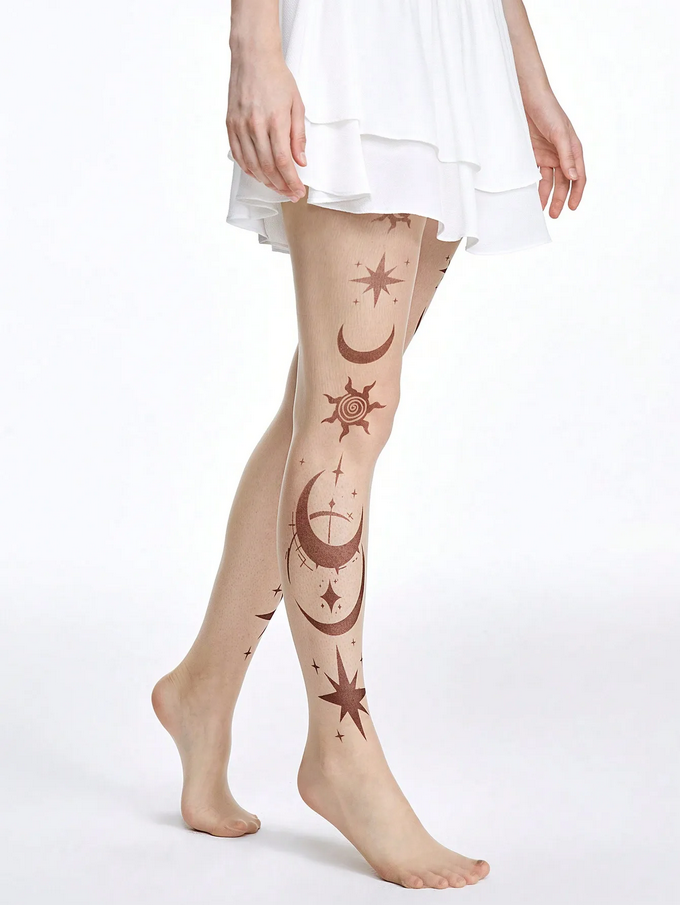 Gothic Star Moon Printed Silk Stockings Celestial Hosiery for Women