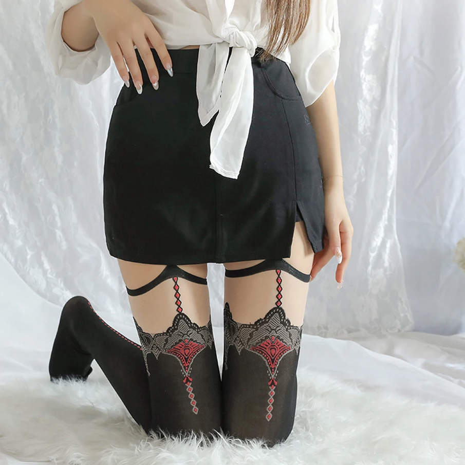Black and Red Gothic Suspender Stockings - Sexy Party Hosiery for Women