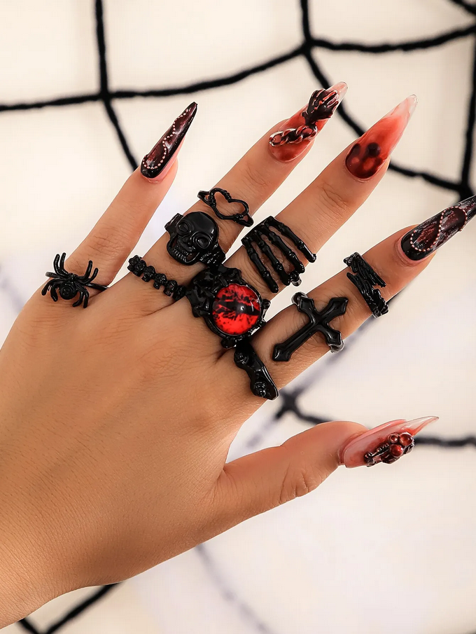 9Pcs Goth Black Devil Eye Skull Spider Palm Rings Set
